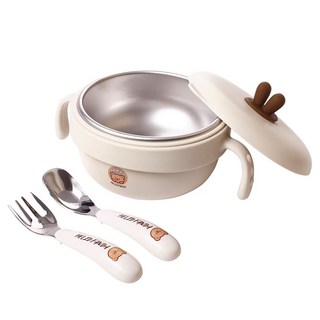 HIKARI 日光生活 隔熱碗 附餐具 H022, 1個, 嘟嘟熊 米色