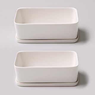 晨香 多肉植物 陶瓷 長方形 花盆 + 底盤 套組, 2組, 白色