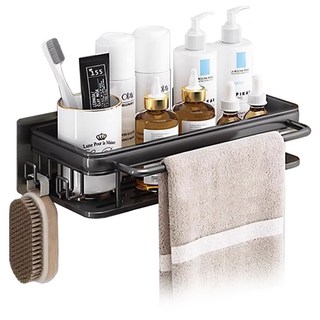 SIANG SI 壁掛浴室置物架 有桿子, 1個, 四角黑