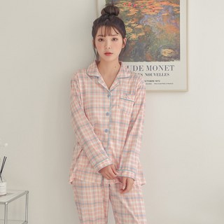 CocoDream 女性橘色魔法師格紋襯衫兩件式睡衣上下套裝 HX21192