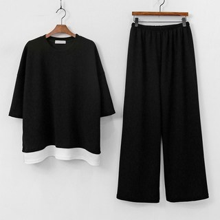 TEETAK 女款素色假兩件式寬鬆7分袖T恤+鬆緊帶寬褲套裝
