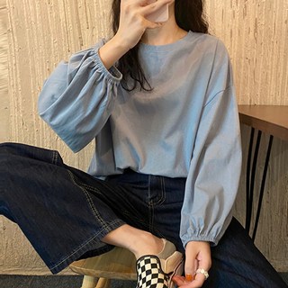 Goodif 女款圓領燈籠袖寬鬆長袖T恤