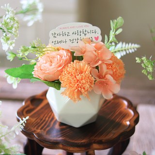 ScentBasket 人造花束 絲花 香皂花 康乃馨桌花 + LED燈飾 + 手提盒 + 裝飾插牌 + 零用錢信封 套組, 1套, 珊瑚色