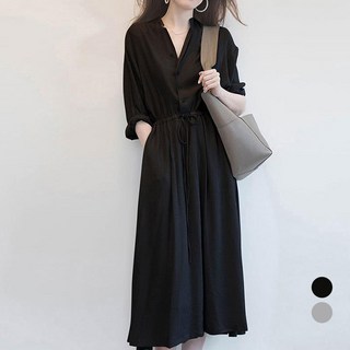 Elsso V領長版顯瘦連身裙, 黑色