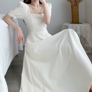 Goodif 伊莎貝爾方領泡泡袖長版傘狀洋裝, 白色