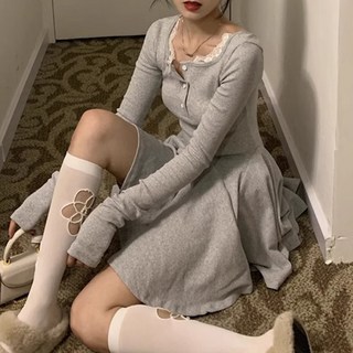 Goodif 女款休閒蕾絲層次傘狀迷你連身裙, 灰色