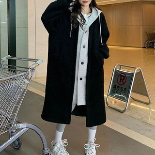 Goodif 女款羊羔毛感寬鬆連帽保暖長版大衣