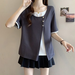 INFIOUS 女款層次感蝴蝶鈕扣短袖T恤 I263-0149