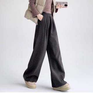 Marketpia 女款冬季高腰鬆緊帶格紋寬褲