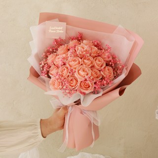 ScentBasket 永生花滿天星混搭玫瑰花束 L, 鮭魚粉