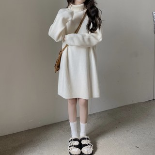 MEICHEL Bonheur 高領鮮豔色彩針織連身裙 11136, 白色