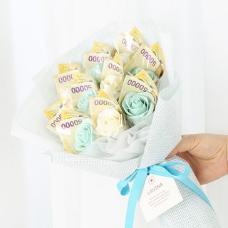 LAVINA 10朵香皂玫瑰鈔票花束 + 提袋組, 鬆餅藍(花束), 1套