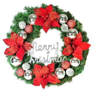 MODACore 摩達客 24吋浪漫朵朵聖誕花 豪華綠色聖誕花圈 福臨圈, 銀紅系, 1組