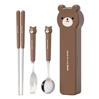 Cutemi 可愛小熊兒童餐具4件組 (棕色) MP155, 1組, 棕色, 勺子+叉子+筷子+箱子