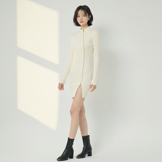 ViVEMO 斜拉鍊修身羅紋連身裙 12337, 象牙白