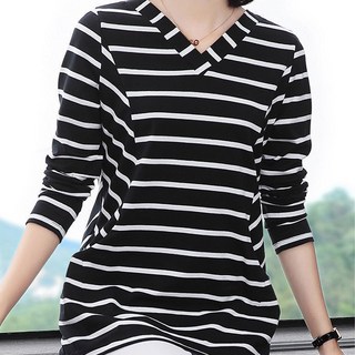 女款普利波爾條紋V領口袋長袖T恤 CH-2214618