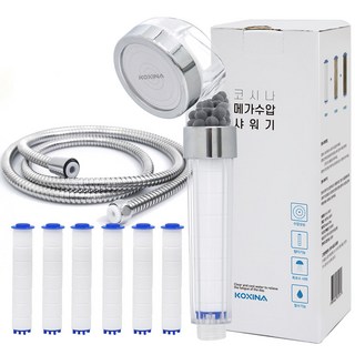 KOXINA 超強水壓三重淨水蓮蓬頭 + 濾芯 6入 + 蓮蓬頭軟管 2公尺, 1組, 透明色