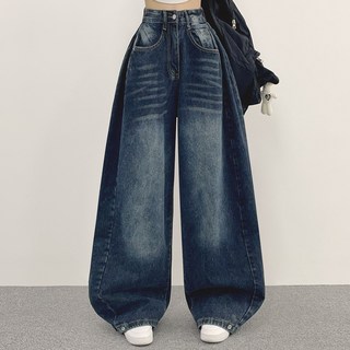 여성용 투투 사이드 핀턱 와이드 데님 팬츠