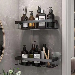 ROJI 鋁製免鑽孔黏貼式一字型浴室置物架, 黑色, 2個