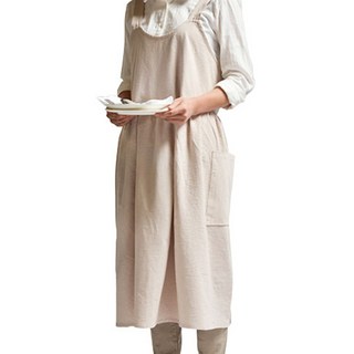 亞麻棉素色洋裝式圍裙, 米色, 1個