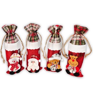 MODACore 摩達客 暖心格紋聖誕香檳紅酒瓶套四入組 聖誕節慶裝飾 節日派對用品, 多色, 1組