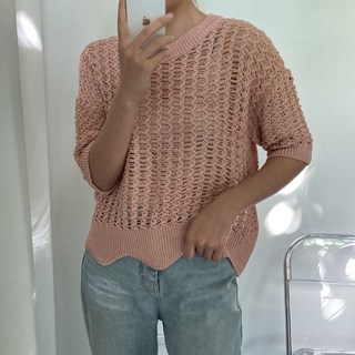 KnitNJean 女款 TASTY 圓領寬鬆鏤空扇貝邊短袖網眼針織衫