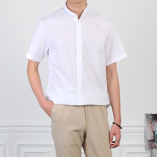 mineflow 男款立領純色短袖襯衫