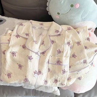 PEONIST 女款泡泡紗口袋甜美可愛睡衣兩件式套裝