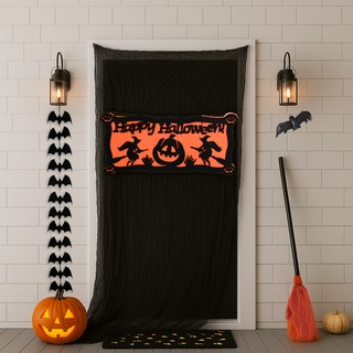 PARTYSHOW 萬聖節入口裝飾拉旗 網狀蝙蝠模型小套組 橫幅黑色女巫掃帚橘色, 1套, 混合顏色