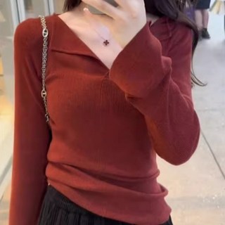 unheve 女款翻領V領長袖針織衫