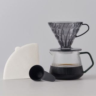 빈플러스 하리오 V60 플리츠 핸드드립 커피 세트, 600ml, 1개, 커피드리퍼 + 유리서버 + 여과지 + 스푼