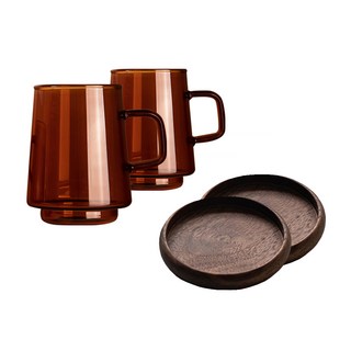 KALDIN Sedona 耐熱玻璃馬克杯 340ml 2入 + 胡桃木托盤 2入組, 琥珀色(馬克杯), 棕色(托盤), 1套
