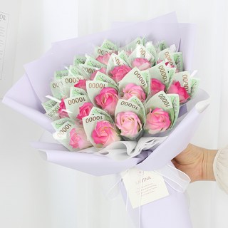 LAVINA 香皂玫瑰 20朵 現金花束 + 提袋組合, 丁香粉(花束), 1套