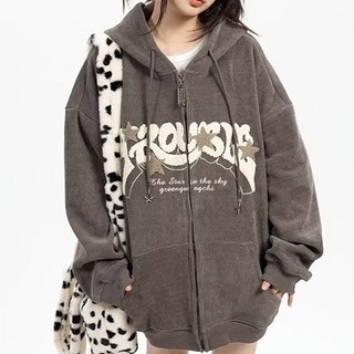 Fashion Flow女款復古字母燈芯絨保暖刷毛連帽拉鍊外套