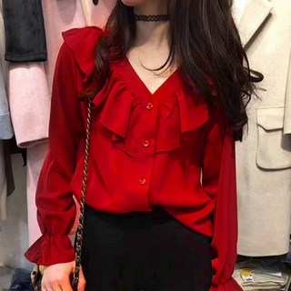 TheSirup 女款雪紡大荷葉邊V領上衣