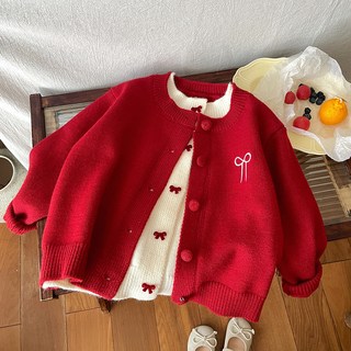 Uvely 兒童 Ribonbon 假兩件式蝴蝶結點綴針織開襟衫