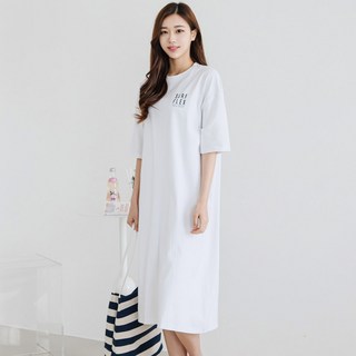 HERRINGBONE apparel 夏季開衩短袖長版海灘連身裙 HE065, 白色