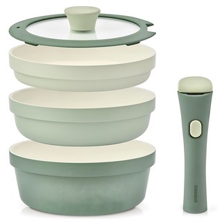 Glasslock 格拉氏洛克 CHEF TOPF Radia 多功能把手鍋具組, 1組, 綠色 + 白色, 3個鍋子 + 蓋子 + 可拆式手柄