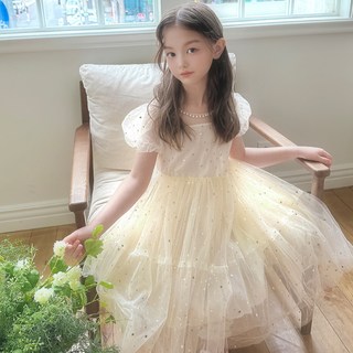 ABeap 女童領口珍珠星星亮片腰帶蓬蓬洋裝