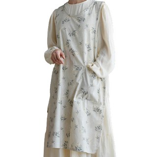 亞麻側邊開衩長版圍裙, 1個, 花的