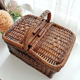 藤木風格焦糖色藤編野餐籃 J082, 1個, 棕色