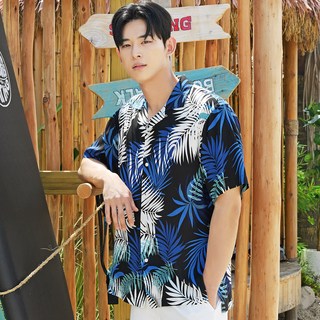 헤링본 남성용 트로피컬 야자수 반팔 오버핏 하와이안 휴양지 셔츠 NI104