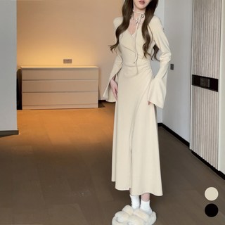 Elsso 婚禮賓客款圍巾 + 抓皺V領裹身長袖長洋裝套裝, 象牙白