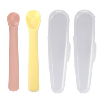 Dailylike Bonbon 幼兒矽膠湯匙組 湯匙*2支+收納盒*2個, 草莓粉+檸檬黃, 1組