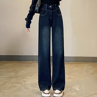 peilit 女性高腰水洗丹寧寬褲