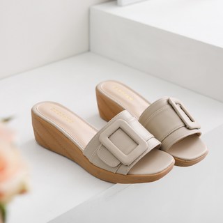 GODSHOE 女性方扣厚底楔型跟拖鞋式涼鞋 5cm, 米色, 235