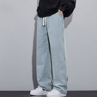 JTL 男款抽繩鬆緊腰寬版闊腿牛仔褲