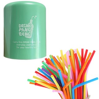 DrinkPangPang 飲料 瓶裝水 瓶蓋打孔器 + 可彎曲吸管 100入 套組, 薄荷綠(打孔器) + 混合色(吸管), 1套