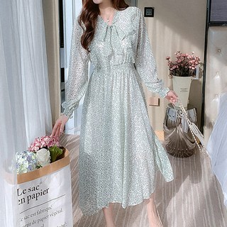 Moirbella Minty碎花蝴蝶結長版洋裝, 藍色