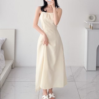 GLAM DIVV 雷米爾斯細肩帶腰帶A字長洋裝 AA1800, 奶油色
